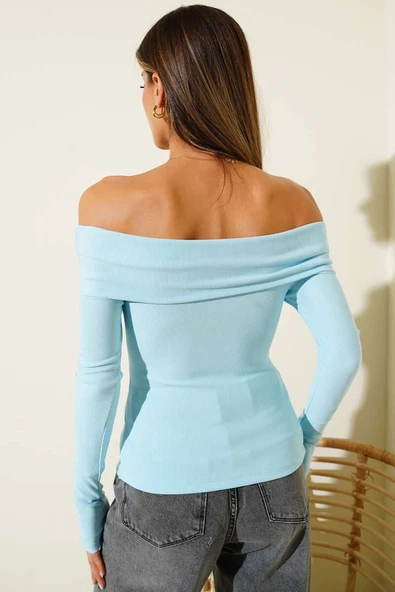 Madonna Yaka Düğmeli Bluz Mavi t4329 - Resim 2