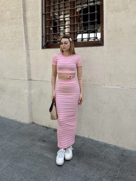 Çizgili etekli takım pembe s3609 - Resim 5