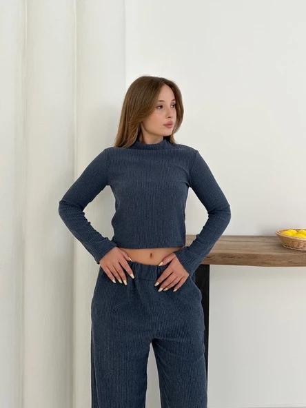 Balıkçı yaka örme takım lacivert st265865 - Resim 3