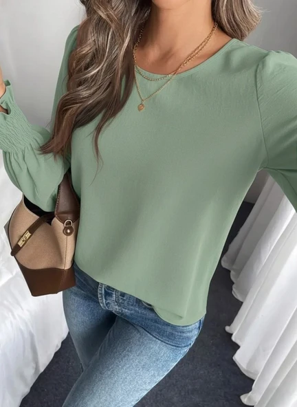 Kadın Uzun Kollu Yuvarlak Yaka Aerobin Bluz - Resim 2