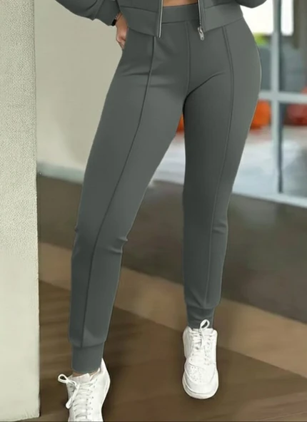 Kadın Uzun Kollu önden Fermuarlı Kısa Modal Ceket Ve Pantolon Ikili Takım - Resim 3