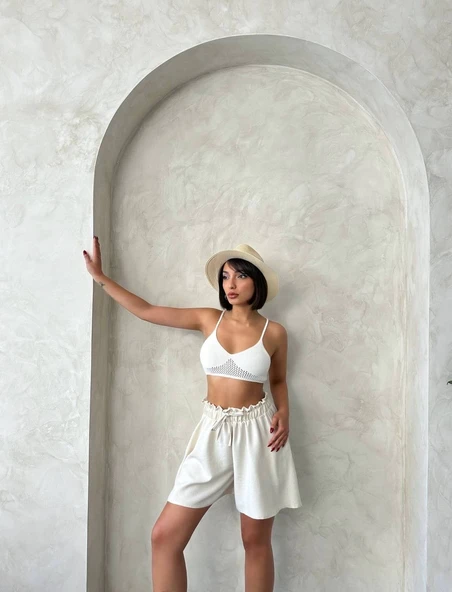 Volanlı keten şort bej s255058 - Resim 5