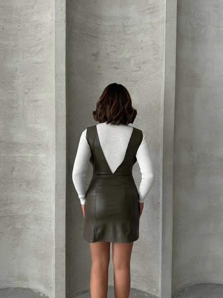 Deri jile elbise haki w24796 - Resim 6