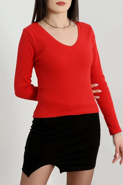 V yaka kaşkorse bluz kırmızı a3699 - Resim 5