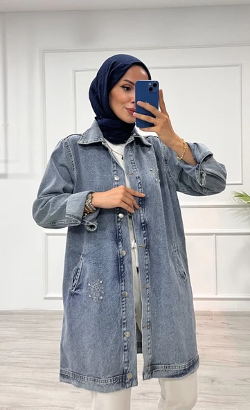 Taşlı tunik ceket kar yıkamalı mavi d2516 - Resim 7