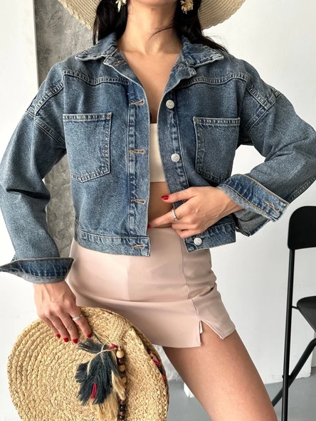 Çift cepli kol katlamalı kar yıkama crop kot ceket kahve tint d2000 ürün görseli 1