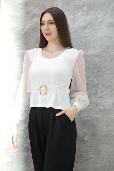 Tokalı tül kollu bluz beyaz t4071 - Resim 2