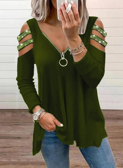 Kadın Haki Kolları Taş Işlemeli Uzun Kol Fermuarlı Viskon Bluz ürün görseli 1