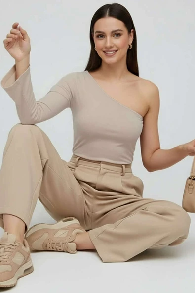 Tek Omuzlu Basic Bluz Vizon T4275 - Resim 3