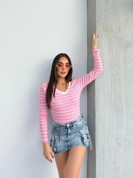 V yaka çizgili bluz pembe A3699 - Resim 3