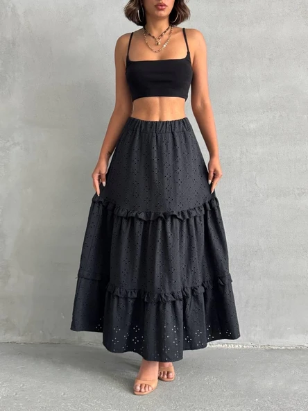 Fırfırlı brodeli astarlı uzun etek siyah s255047 - Resim 7