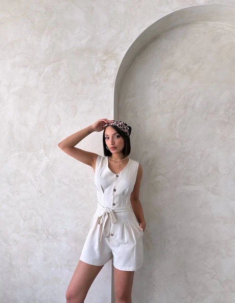 Kuşaklı şortlu tulum - Resim 3