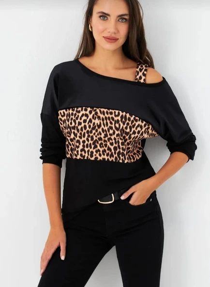 Kadın Kadife Kumaş Leopar Desenli Omuz Detay Uzun Kollu Bluz - Resim 5
