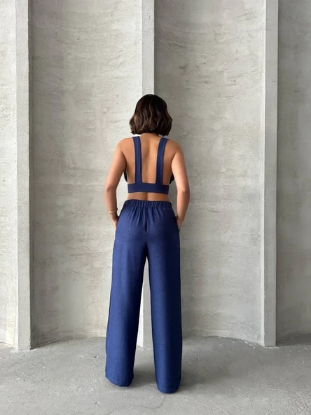 Crop pantolon keten takım s255012 - Resim 5