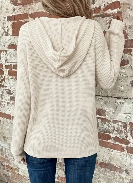 Kadın Uzun Kollu Kapşonlu önü Düğmeli Ve Bağcıklı Waffle Bluz - Resim 4