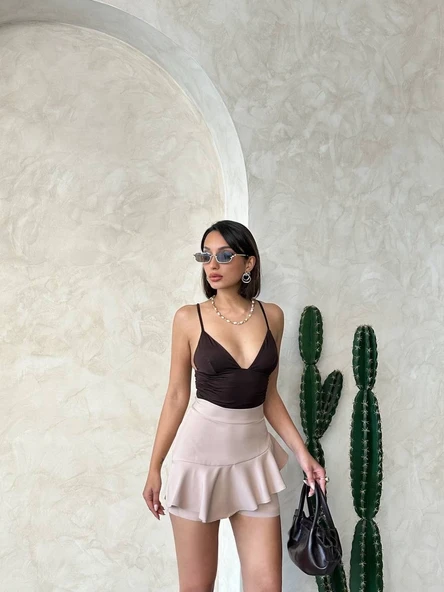 Valonlu fırfırlı şort bej s24683 - Resim 2