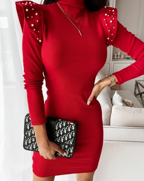 Kadın Uzun Kollu Balıkçı Yaka Omuzlarda Pile Inci Detay Kaşkorse Elbise - Resim 2