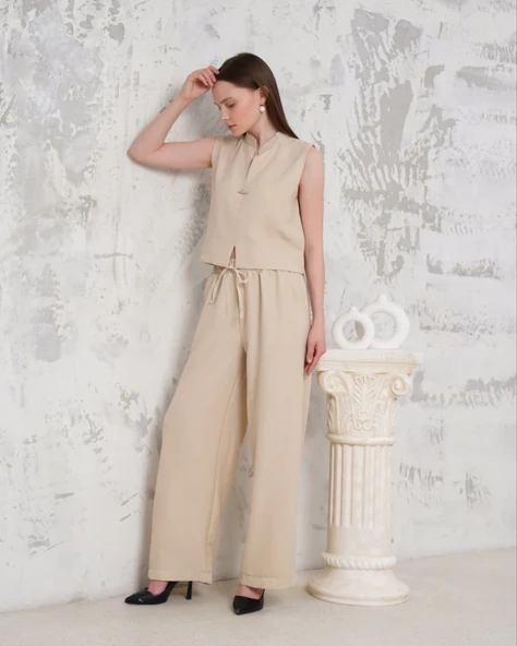 Broşlu yelek pantolon takım bej s255821 - Resim 6