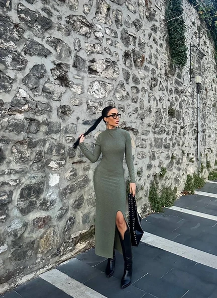 Yırtmaçlı kalın bürümcük uzun elbise Yeşil ürün görseli 1