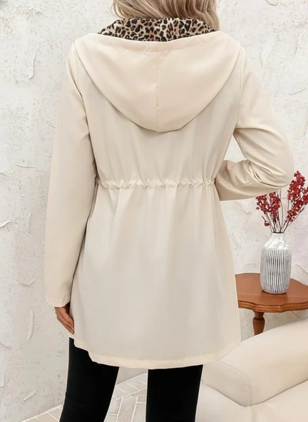 Kadın Uzun Kollu Kapşonlu çift Taraflı Cepli Bağcıklı Fermuarlı Viskon Iki Iplik Ceket - Resim 3