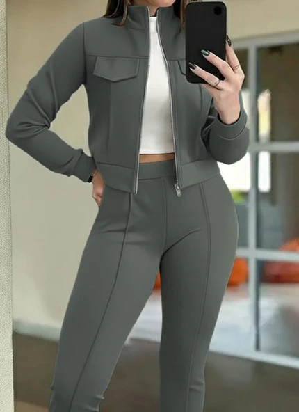 Kadın Uzun Kollu önden Fermuarlı Kısa Modal Ceket Ve Pantolon Ikili Takım - Resim 2