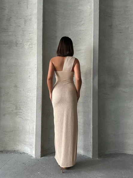 Tek omuz pliseli elbise - Resim 6