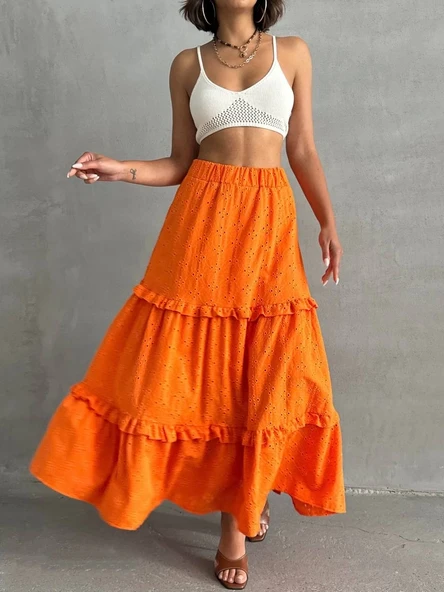 Fırfırlı brodeli astarlı uzun etek turuncu s255047 - Resim 2