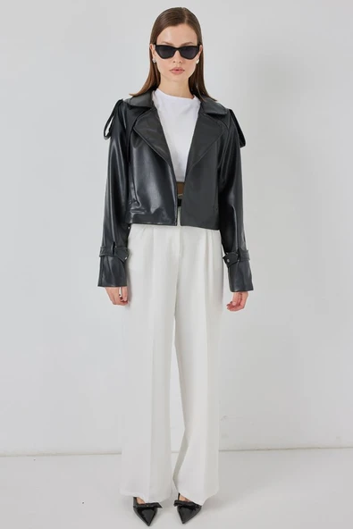 Oversize Deri Mont Ceket 1047 - Siyah - Resim 2