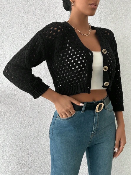 Büyük düğmeli delikli hırka siyah - Resim 2