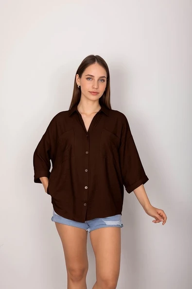 Cepli salaş gömlek koyu kahve t1010 - Resim 2