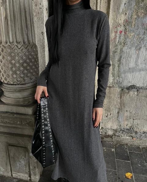 Boğazlı kalın bürümcük uzun elbise siyah - Resim 3