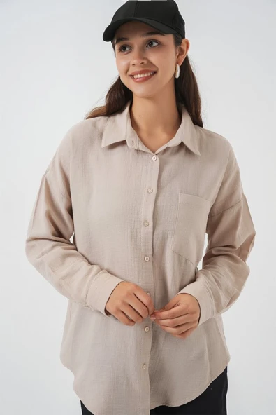 Tek Cepli Oversize Müslin Gömlek 20353 - Taş - Resim 3