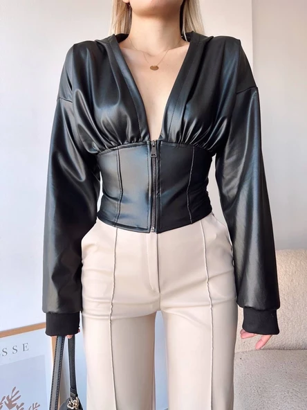 Kapşonlu yarım fermuarlı ceket siyah h24116 - Resim 5