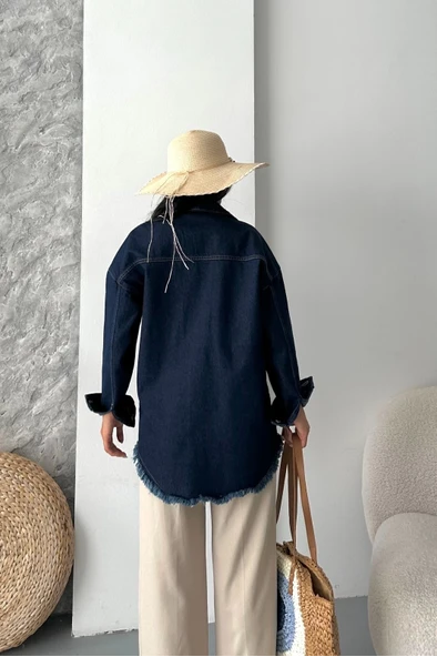 Cepli püsküllü kar yıkama kot ceket koyu mavi d2515 - Resim 3