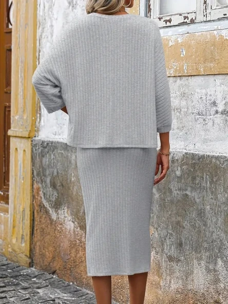 Kadın Uzun Kollu Yuvarlak Yakalı şardonlu Kaşkorse Bluz Ve Etek Ikili Takım - Resim 6