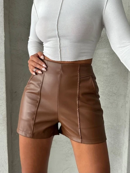 Parçalı cepli deri şort taba w26312 - Resim 6