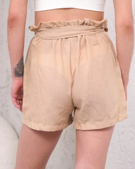 Kuşaklı keten şort bej s255265 - Resim 3