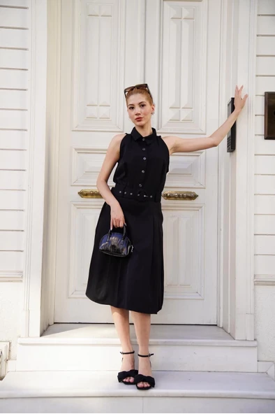 Gömlek yaka kemerli elbise siyah s255061 - Resim 4