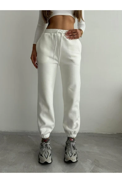 3 iplik şardonlu paça lastikli eşofman beyaz is001 - Resim 4