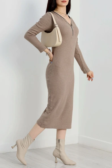 Fermuar detaylı fitilli şardonlu elbise bej a3178 - Resim 5