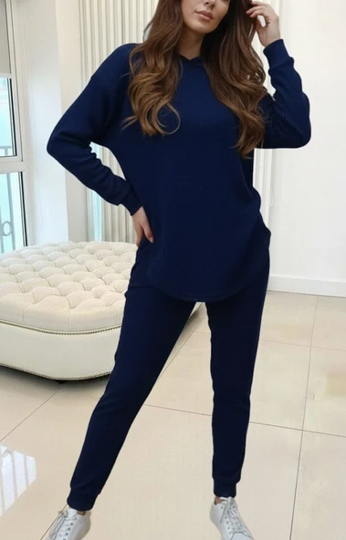 Kadın Uzun Kollu Kapşonlu Meloni Bluz Ve Pantolon Ikili Takım - Resim 3