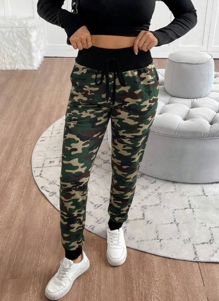 Kadın Yüksek Bel Bağcıklı Desenli Iki Iplik Pantolon - Resim 5