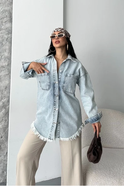 Cepli püsküllü kar yıkama kot ceket mavi d2515 ürün görseli 1