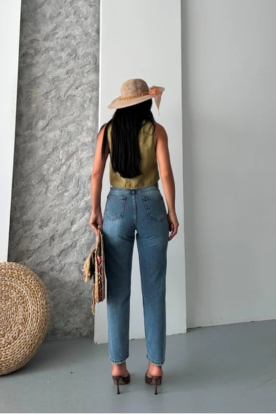 Mom fit kar yıkama bıyık detaylı jeans pantolon d2006 - Resim 4