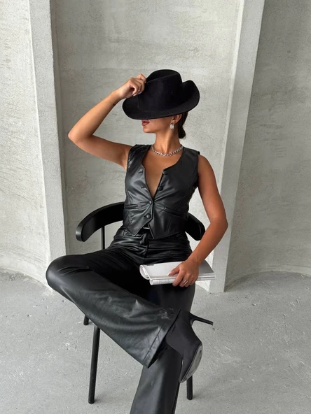 Kaplama düğmeli deri yelek siyah s24398 - Resim 4