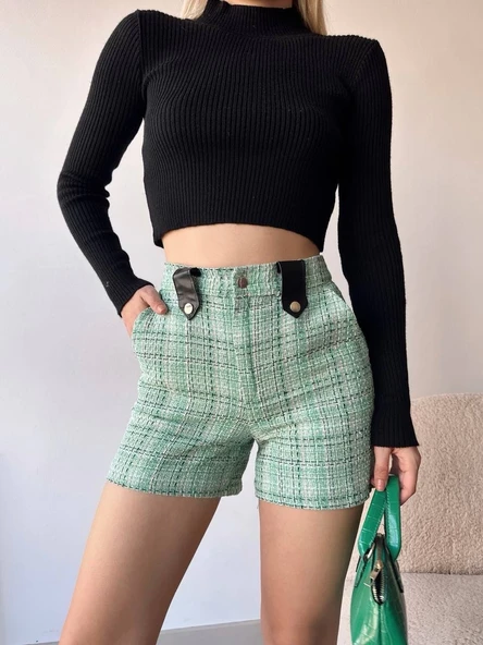 Çıtçıtlı siyah köprü tüvit şort yeşil ürün görseli 1