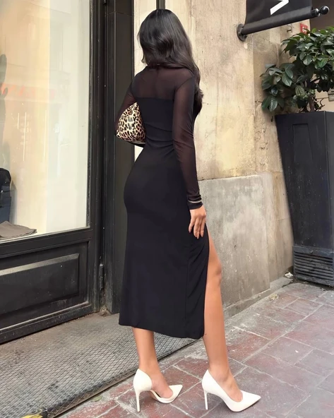 Kadın tül detaylı midi boy yırtmaçlı elbise - Resim 3