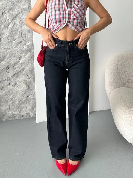 Palazzo süper taş enzim tint yıkama koyu lacivert jeans pantolon d2008 ürün görseli 1