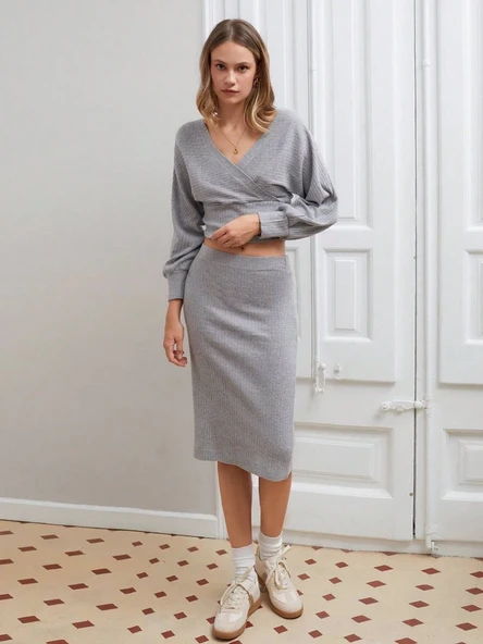 Kruvaze şardonlu etekli takım gri - Resim 2