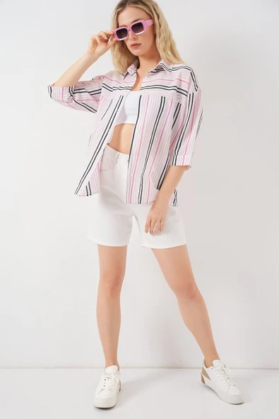 Çizgili Kısa Kol Gömlek 20344 - Pembe - Resim 2